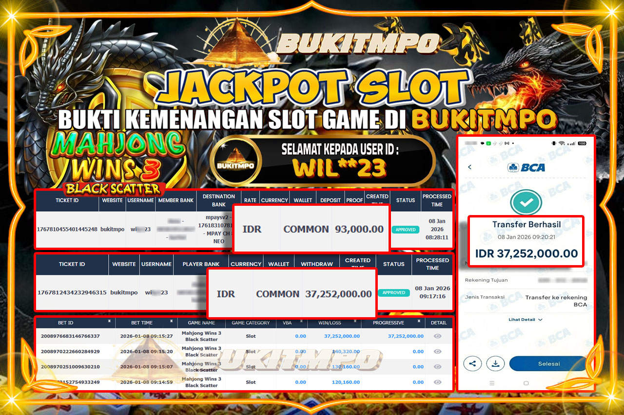BUKITMPO JACKPOT MAHJONG WINS 3 BLACK SCATTER - PRAGMATIC PLAY Rp.37.252.000,- LUNAS